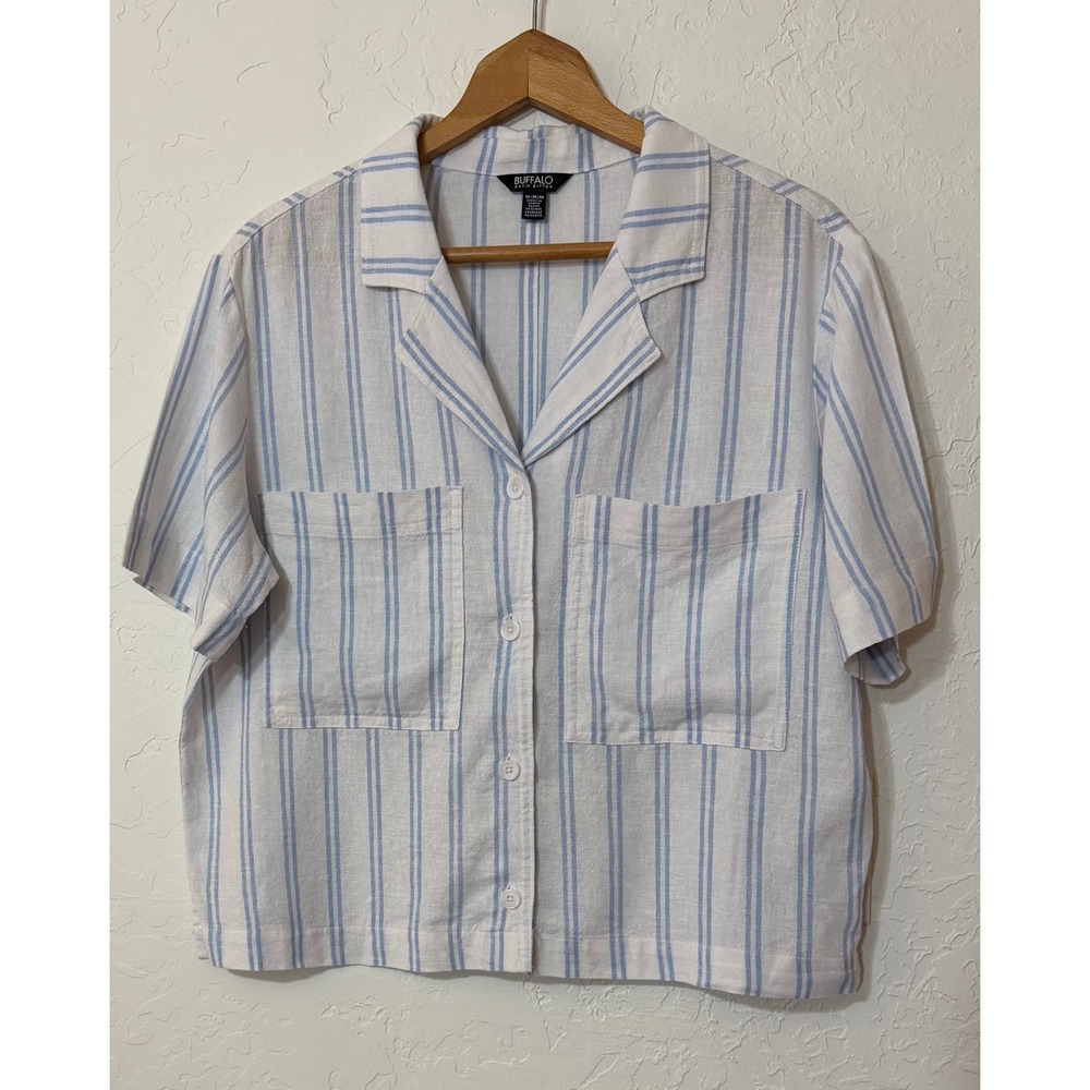 Buffalo David Bitton Linen Blend Striped Short Sleeve Camp Shirt Pockets Medium